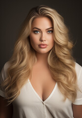 Fototapeta premium Portrait of a Beautiful Blonde Woman with Voluminous Hair and Blue Eyes, Confident Pose Against a Dark Background