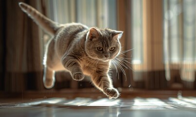 Beautiful british shorthair cat jumping on floor at home - obrazy, fototapety, plakaty