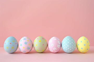 Fototapeta na wymiar Row of easter eggs painted in soft pastel shades Lined up against a pink background Offering a fresh Springtime vibe