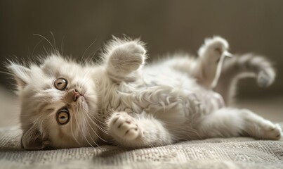 Cute white british shorthair cat lying on the floor and looking up - obrazy, fototapety, plakaty