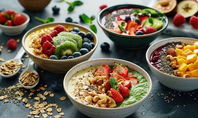 Healthy breakfast bowls with chia seeds, oatmeal, berries, fruit and nuts.