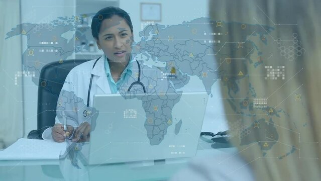 Animation of data processing with world map over diverse doctor and patient