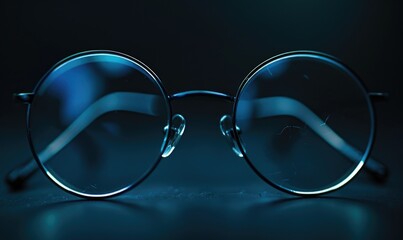 Glasses on table in the office with blue bokeh background