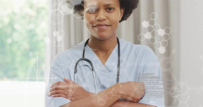 Animation of data processing and chemical formula over biracial female doctor smiling