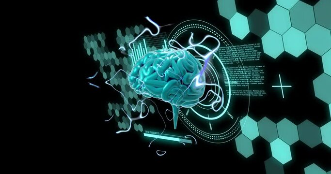 Animation of brain and scientific data processing over black background