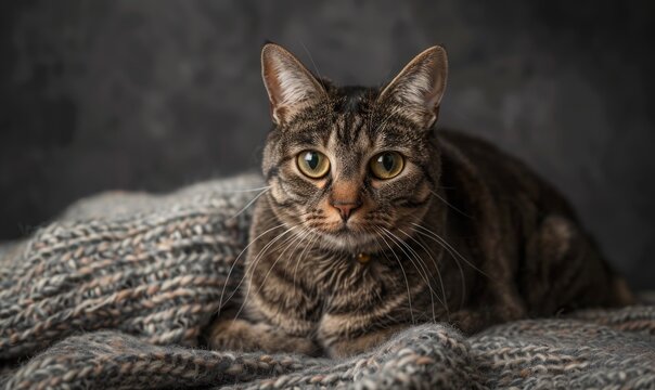 Closeup portrait of a tabby cat lying on a knitted plaid