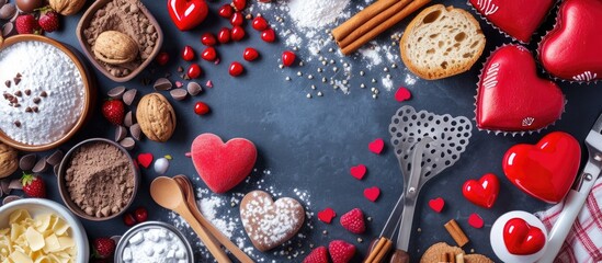 A table filled with a variety of different types of food, including baking ingredients, creating a Valentines Day cooking flat lay on a kitchen table.