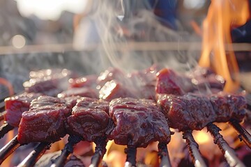 Sizzling barbecue scene with flames grilling delicious meat Capturing the essence of outdoor cooking and flavor