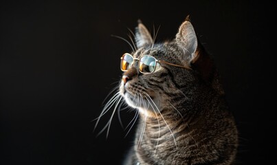 Portrait of a cute cat with glasses on a dark background.