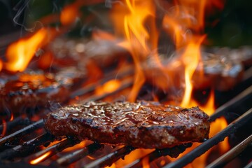 Sizzling barbecue scene with flames grilling delicious meat Capturing the essence of outdoor cooking and flavor