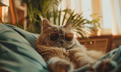 Cute ginger cat wearing sunglasses sitting on the sofa in the living room.