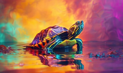 turtle on colorful background closeup, space for text