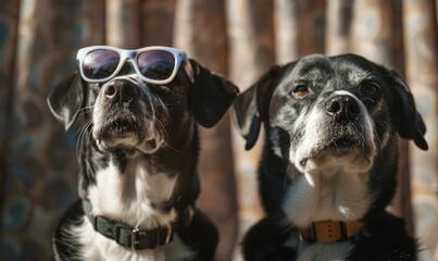 Two black and white dogs with sunglasses on a background of curtains.