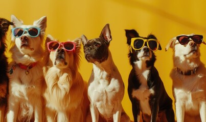 Group of dogs in sunglasses on a yellow background. Studio shot.
