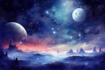 Alien Planets and Galaxy, Moonlit Night Landscape. Science Fiction Background Wallpaper - obrazy, fototapety, plakaty