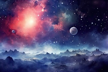 Fototapeta na wymiar Alien Planets and Galaxy, Moonlit Night Landscape. Science Fiction Background Wallpaper