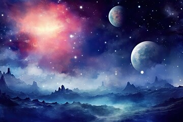 Alien Planet Landscape, View of Another Planet with Stars and Nebula. Science Fiction Cosmic Background Wallpaper - obrazy, fototapety, plakaty