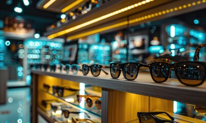 Sunglasses on display in a shop window of a fashion store