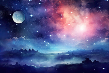 Fototapeta na wymiar Alien Planet Landscape, View of Another Planet with Stars and Nebula. Science Fiction Cosmic Background Wallpaper
