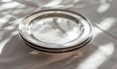Set of silver round plates on a white fabric background. Selective focus.