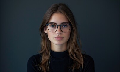 Portrait of a beautiful young woman in glasses on a dark background.