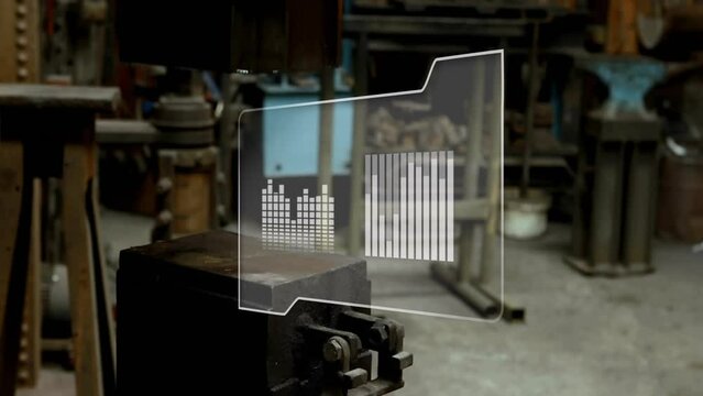 Animation of file cion with charts processing data over machine in factory workshop
