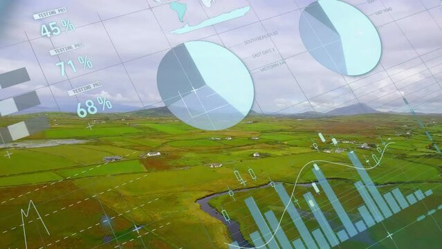 Animation of charts processing data over green fields in rural landscape