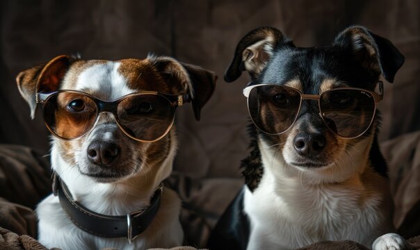 Group of dogs with sunglasses on a black background. Close-up.