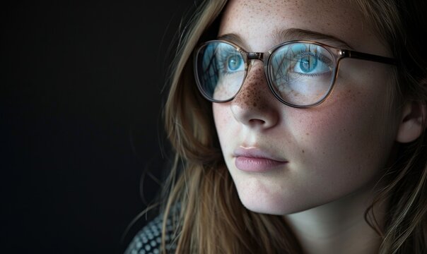 Portrait of a beautiful young woman in glasses on a dark background.