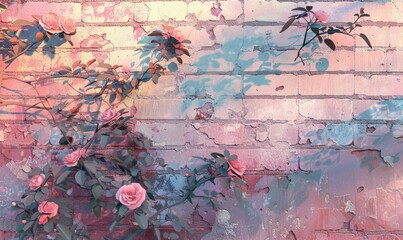 Pink roses on old white brick wall background with grunge texture. Copy space for text.