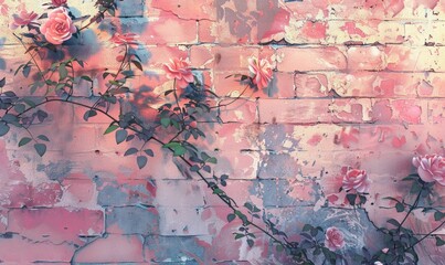 Pink and white roses on blue brick wall background with copy space.