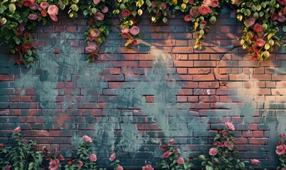 Old brick wall with pink flowers and green leaves. Abstract background.