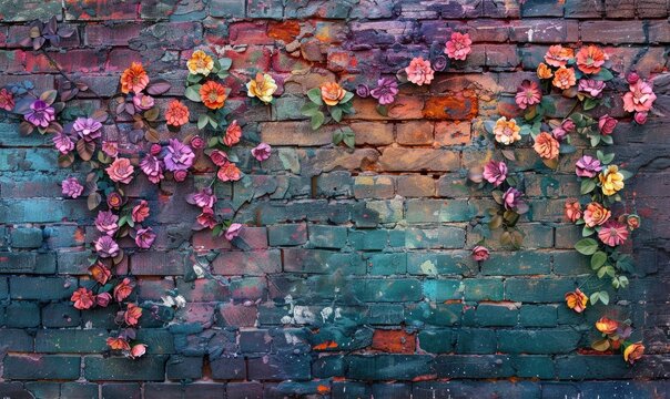 Fototapeta Pink roses on old white brick wall background with grunge texture. Copy space for text.