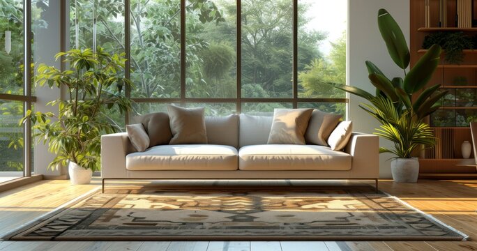 A Plush Sofa on a Cozy Rug in a Light-Filled, Spacious Living Room with Glass Windows