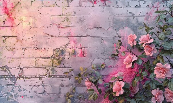 Pink and white roses on blue brick wall background with copy space.