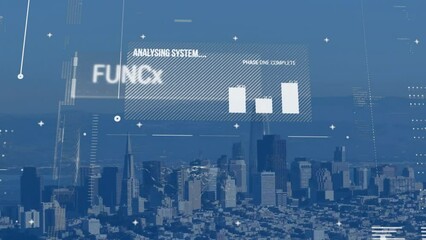 Animation of text and data processing over cityscape - Powered by Adobe