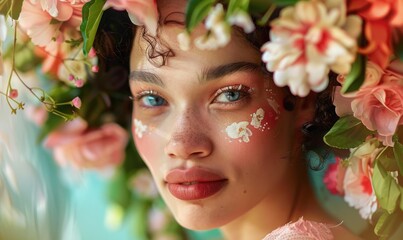 Obraz premium young woman in a spring flowers wreath, surrounded by floating petals or blossoms.