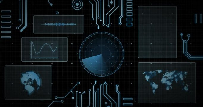 Animation of scope, circuit board and data processing over screens on black background