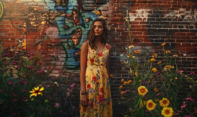 Beautiful young woman with long hair in a yellow dress on the background of a brick wall
