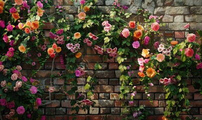 Colorful roses in the garden on a brick wall background. Selective focus.