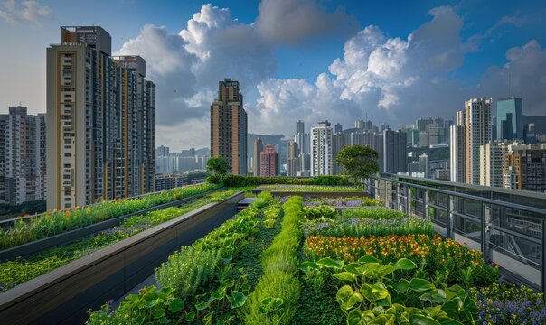 Urban rooftop garden. Modern skyscrapers, view from a terrace.