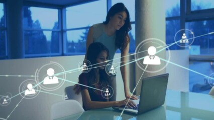 Animation of network of conncetions over diverse colleagues discussing work in office - Powered by Adobe