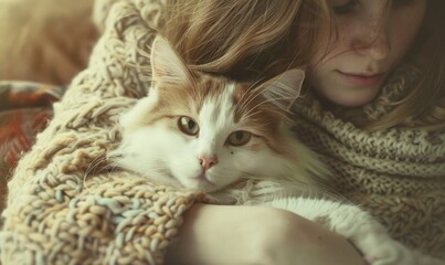 Cute ginger cat lying in the arms of a young woman.
