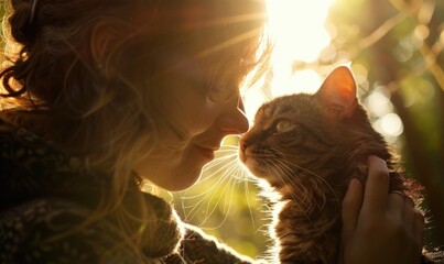 Young woman with cute cat outdoors on sunny day, closeup. Human and pet friendship