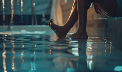 Closeup of female legs standing in swimming pool with reflection on water - obrazy, fototapety, plakaty