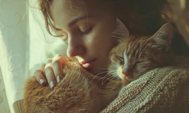 Beautiful young woman with her cat at home on the windowsill