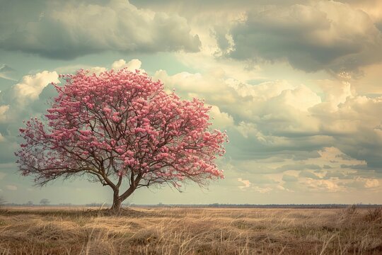 Spring nature scene with a pink blooming tree Symbolizing the beauty and renewal associated with easter