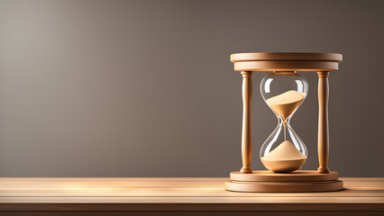 Isolated Wooden Background. 3D Hourglass with Sand Countdown. Aesthetic Illustration of Business Time Management and Scheduling