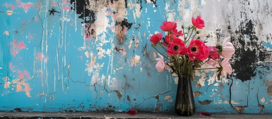 A vibrant vase filled with pink flowers stands against a contrasting blue wall in an outdated setting.