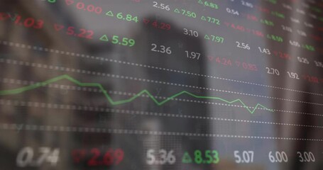 Animation of financial data processing over cityscape - Powered by Adobe